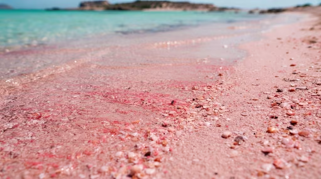 pink_sand_elafonissi Elafonissi Beach in Crete with shallow turquoise water washing over its distinctive pink sandy shoreline.