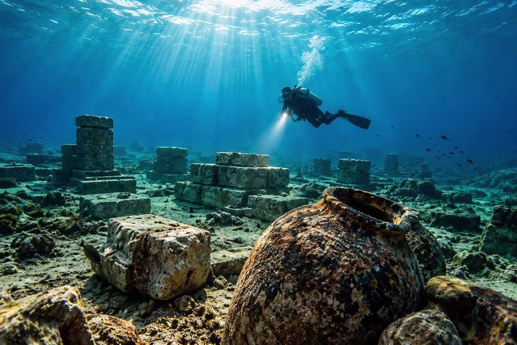 diving_archeology_crete Scuba diver exploring submerged ancient ruins in the clear blue waters off Crete, with stone structures, archaeological remains, and rays of sunlight filtering through the sea.
